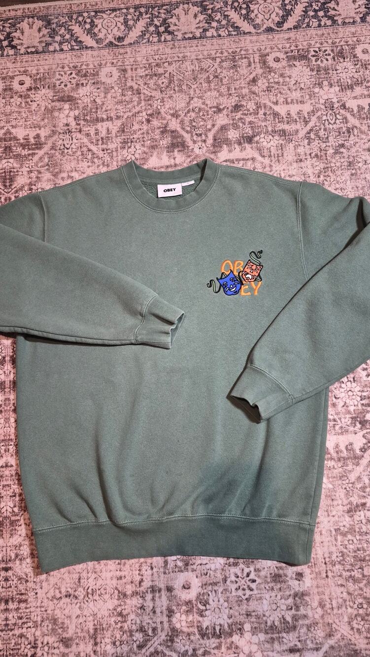 OBEY Comedy Tragedy Masks Crewneck Sweatshirt Green Embroidered Streetwear S